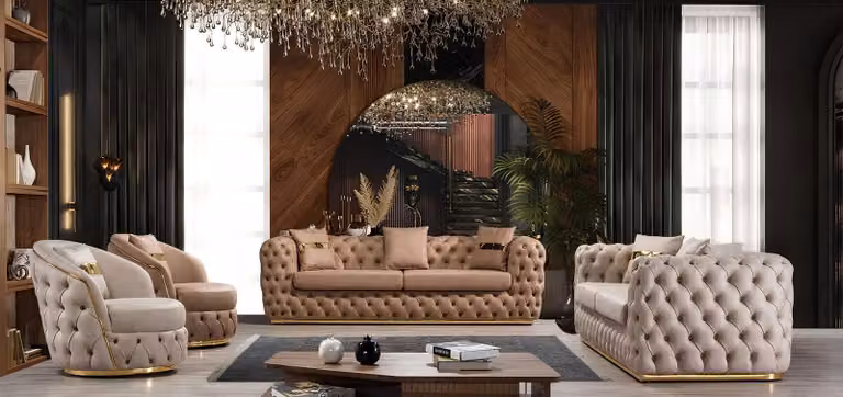 Chesterfield Sofagarnitur 3+3+1+1 Sitzer Garnitur Sofa Sessel Sofas Leder Beige