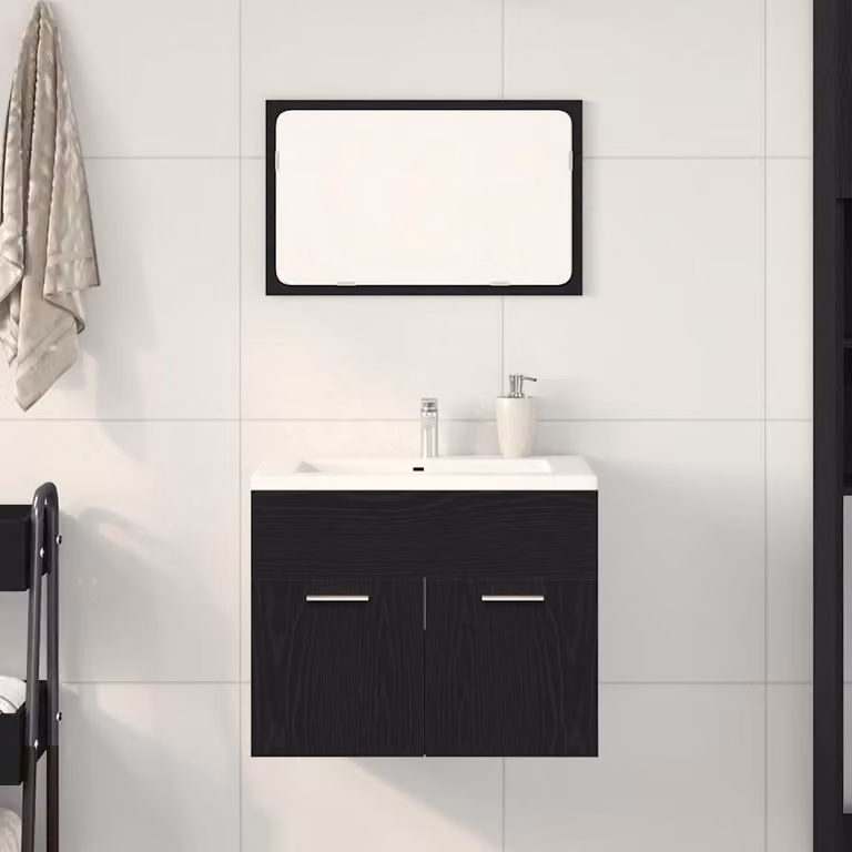 Set di mobili da bagno vidaXL composto da mobile lavabo e armadietto specchio in legno e vetro, colore rovere nero, L/P/H: 60,0 x 38,5 x 46,0 cm