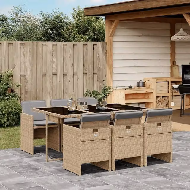 Set da giardino vidaXL in polyrattan con tavolo rettangolare in vetro e 7 sedie con cuscini beige e grigio – 1