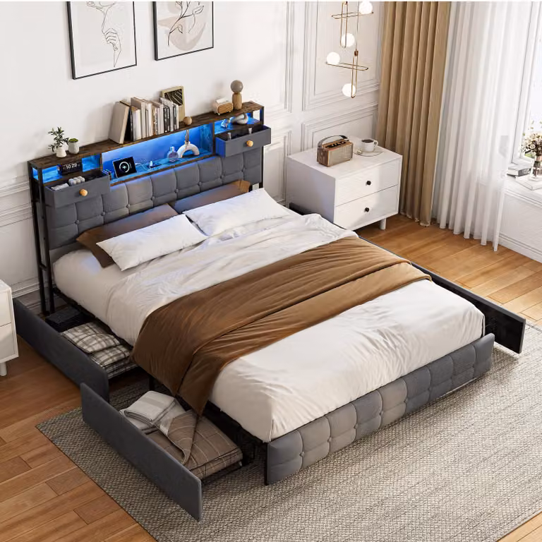 Letto contenitore con boxspring, imbottito, 160x200 cm, con illuminazione LED e porte USB/C, dotato di 4 cassetti, struttura letto matrimoniale con rete a molle, rivestito in velluto, colore grigio