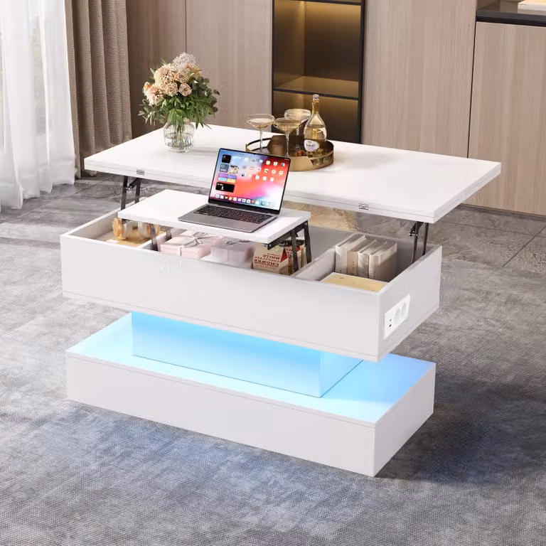 Tavolino da caffè, dimensioni 100 x 50 x 51,5 cm, realizzato in pannello di particelle di legno al 100%, colore bianco, con altezza regolabile, dotato di presa di corrente, porte USB, USB-C, illuminazione LED e vano contenitore nascosto