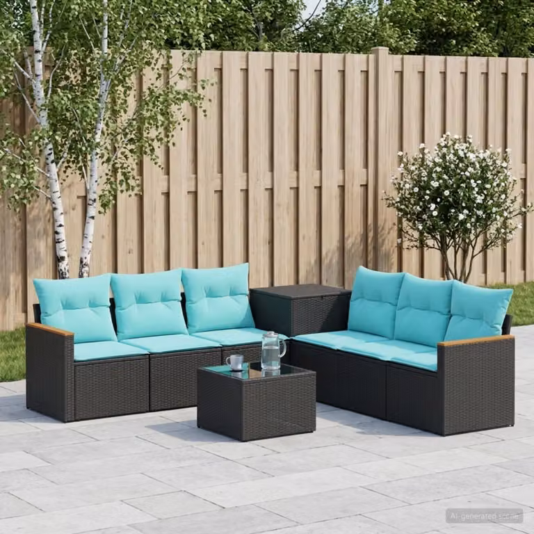 Set di divani da giardino vidaXL a forma di U composto da 8 pezzi in rattan sintetico e acciaio, colore nero e blu, con cuscini inclusi