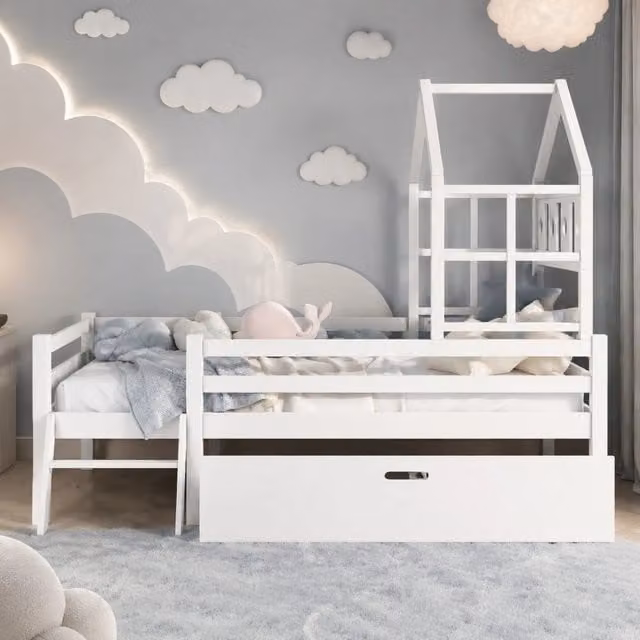 Letto a castello per bambini 90x200 cm in legno massello di pino bianco con scala e cassetto