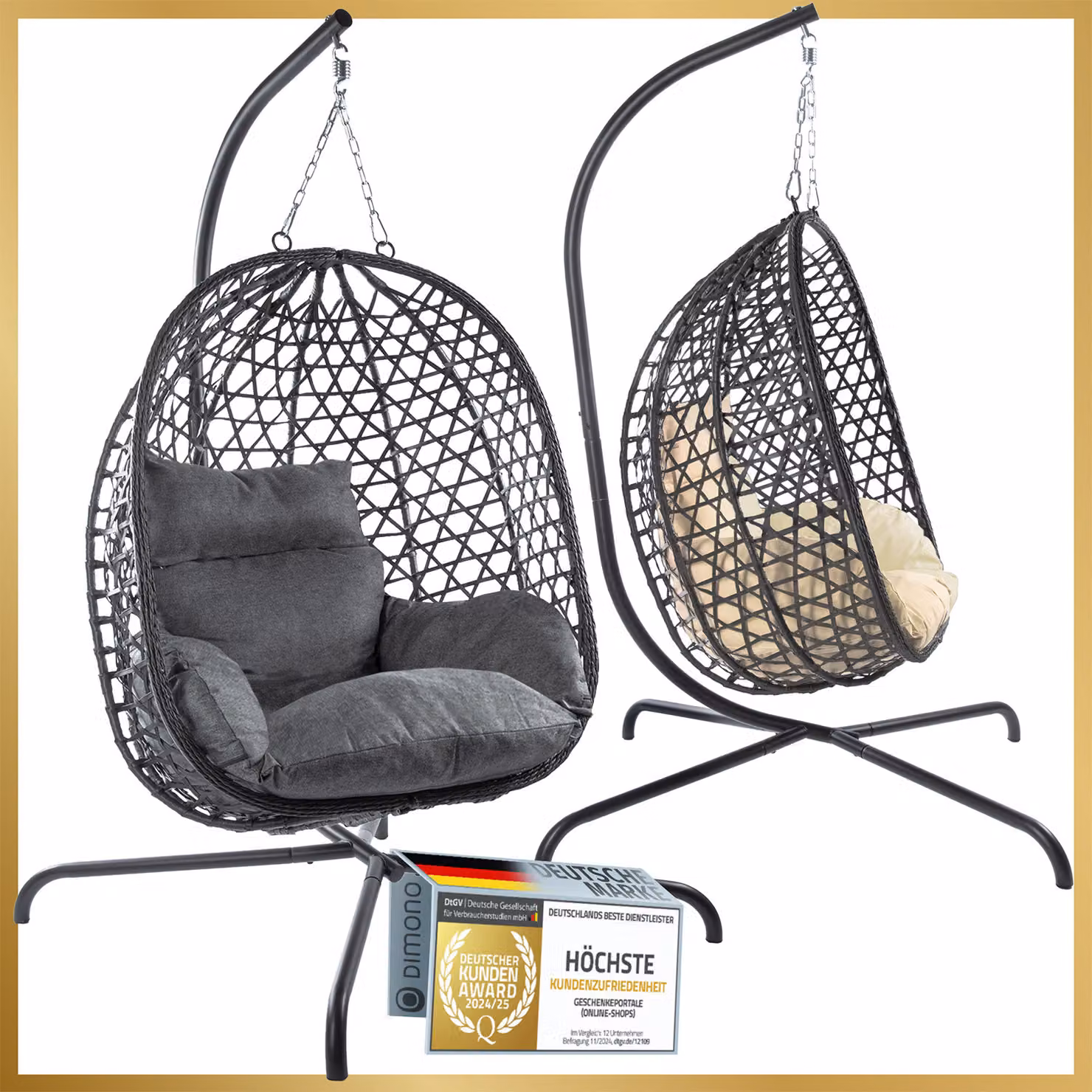 Poltrona sospesa premium con struttura e cuscini in grigio | Poltrona a cesto sospesa per interni ed esterni | Sdraio sospesa in polyrattan | Portata massima 120 kg