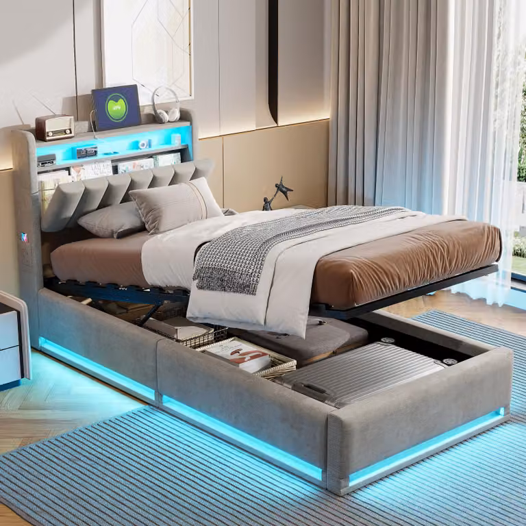 Letto imbottito in velluto ProximaX 90x200 cm in grigio - letto matrimoniale con illuminazione a LED sulla testata e sul giroletto, letto con contenitore a pressione di gas con spazio di archiviazione