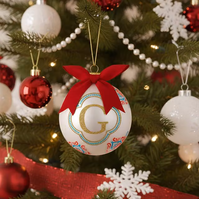 Pallina di Natale con lettera G KASANOVA in vetro, colori rosso, oro e bianco, diametro 10 cm