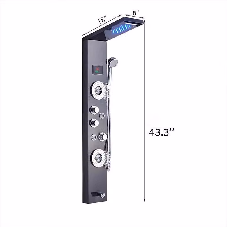 Sistema doccia per il bagno - Doccia a pioggia con LED - Pannello doccia - Ugelli massaggio corpo tipo SPA - Display digitale della temperatura - Miscelatore a tre manopole - Acciaio inossidabile 304 - Nero 8009