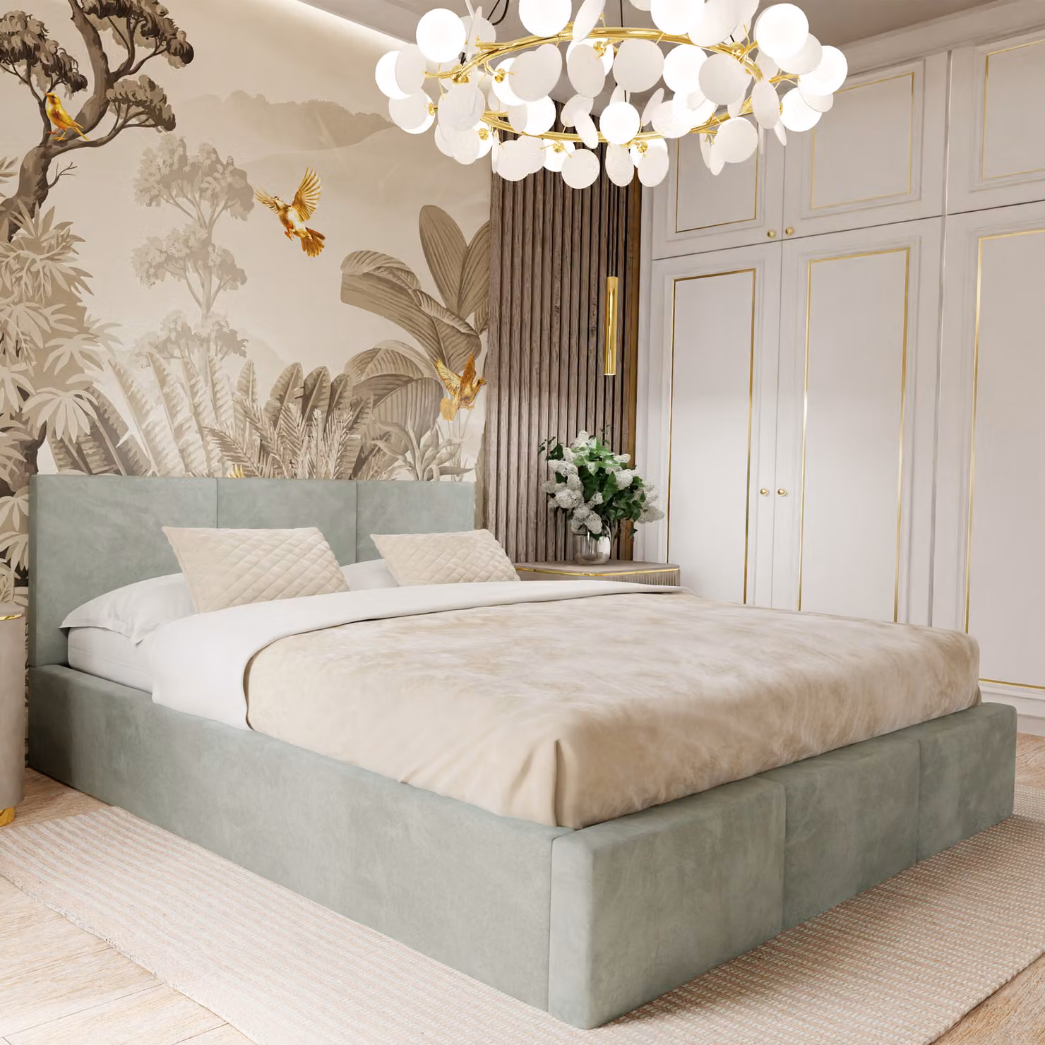 Muralo Letto imbottito per camera da letto Letto in tessuto Letto con contenitore Letto matrimoniale Letto imbottito con rete Mint 140cmx200cm
