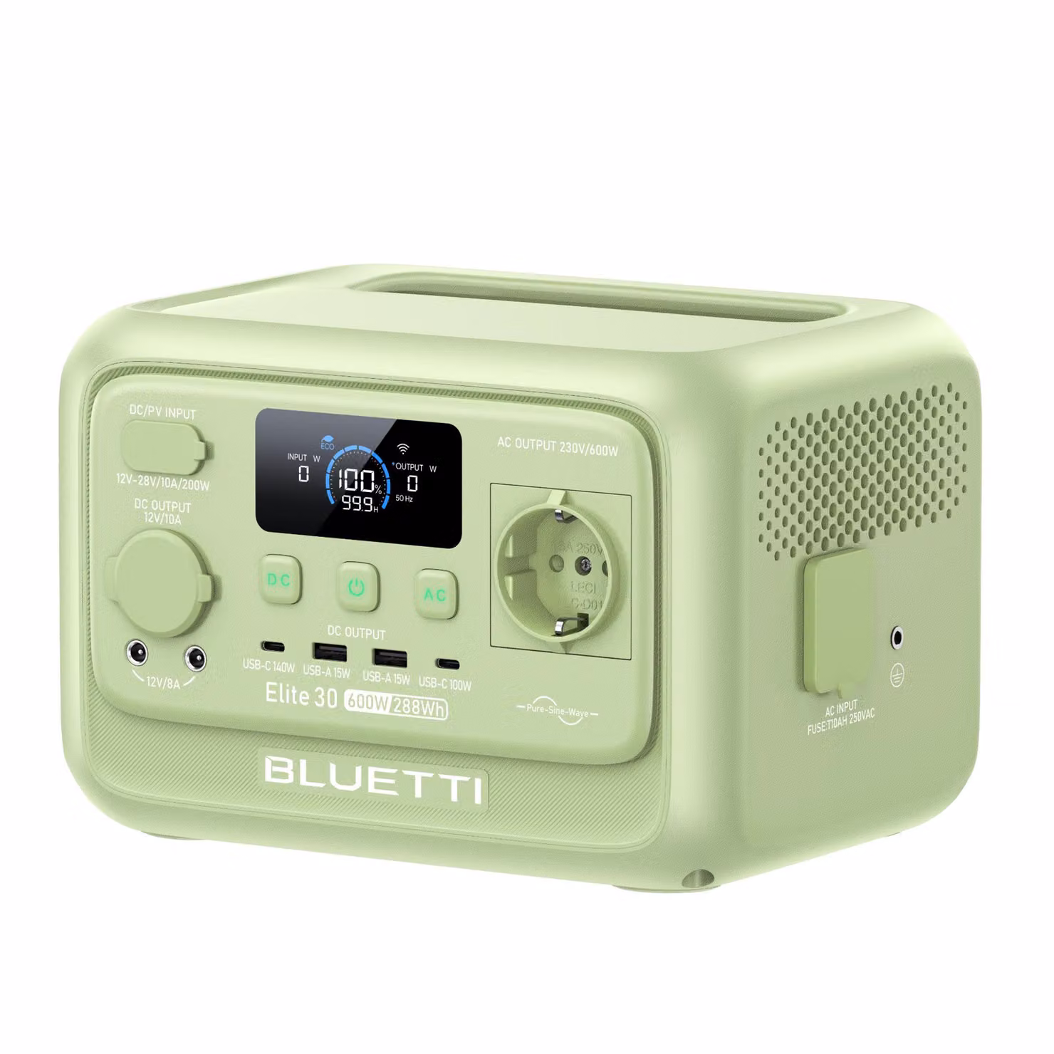 Stazione di ricarica portatile Elite 30 V2, batteria LFP da 288 Wh, uscita CA da 600 W, generatore solare per campeggio, blackout, camper (verde prato)