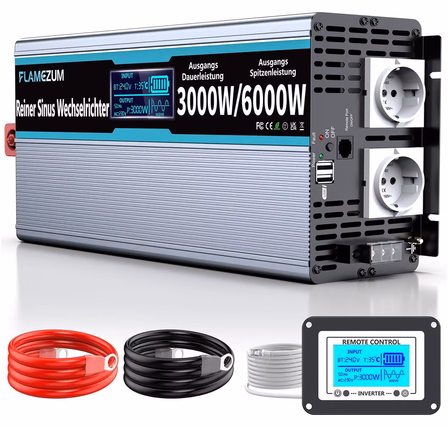 Inverter a onda sinusoidale pura - 3000 W - 24 V - Display LCD - Per auto, camper e barche