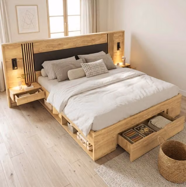 Letto matrimoniale 160x200 cm con contenitore; testiera imbottita; illuminazione integrata; colore naturale
