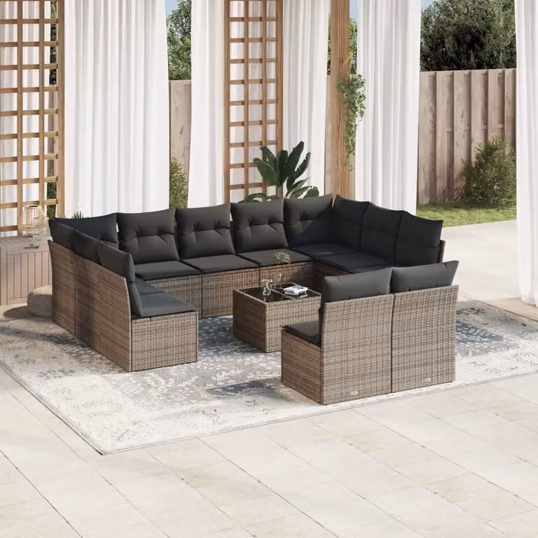 vidaXL Set Divani da Giardino a Forma di U in Polyrattan Grigio con Cuscini e Tavolino da Caffè