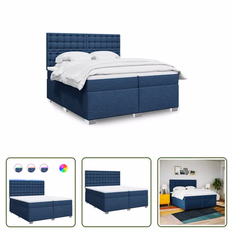 The Living Store Letto a molle con materasso blu 200x200 cm in tessuto