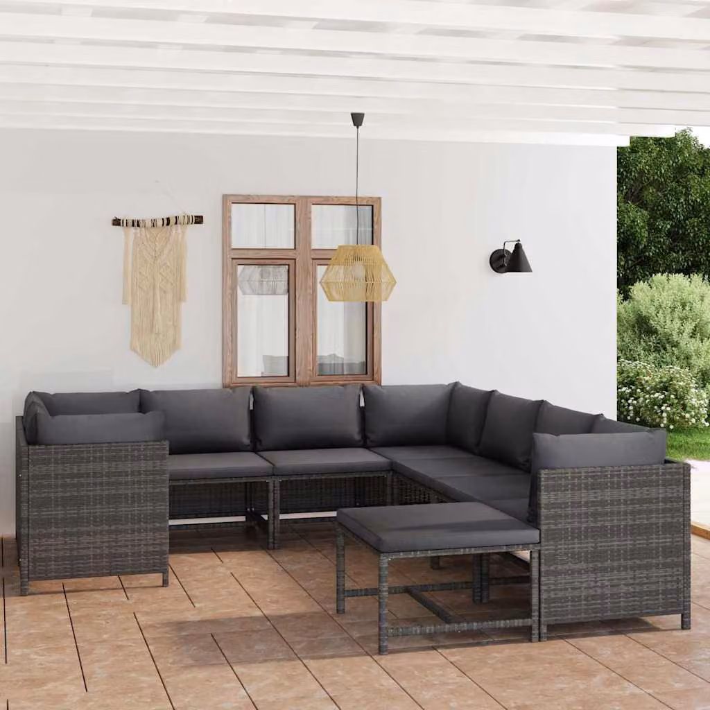 vidaXL Set Divani da Giardino 9 pz a Forma a L con Cuscini in Polyrattan e Struttura in Acciaio Antracite – 1