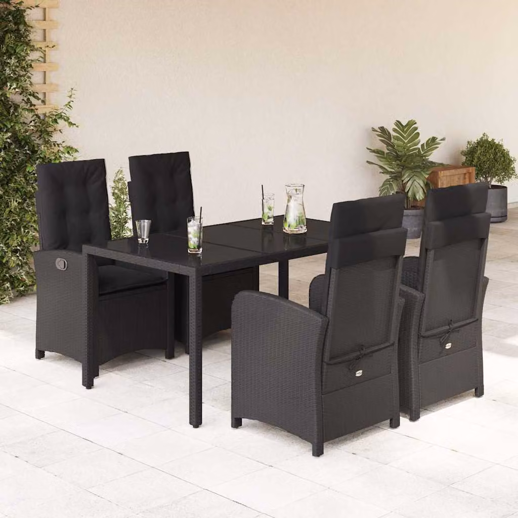 Set da Pranzo da Giardino vidaXL 5 pz in Polyrattan Nero con Cuscini e Tavolo in Vetro