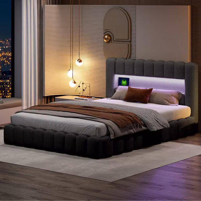 letto 140x200cm con testata LED, letto imbottito con contenitore, letto contenitore, biancheria, grigio
