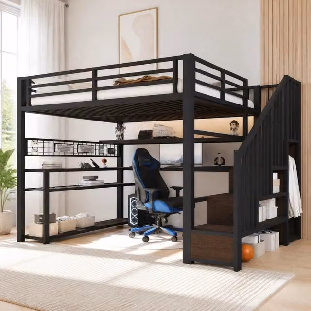 Letto a soppalco ULEVR 140x200 cm con LED RGB, armadio, scrivania e scala contenitore, nero