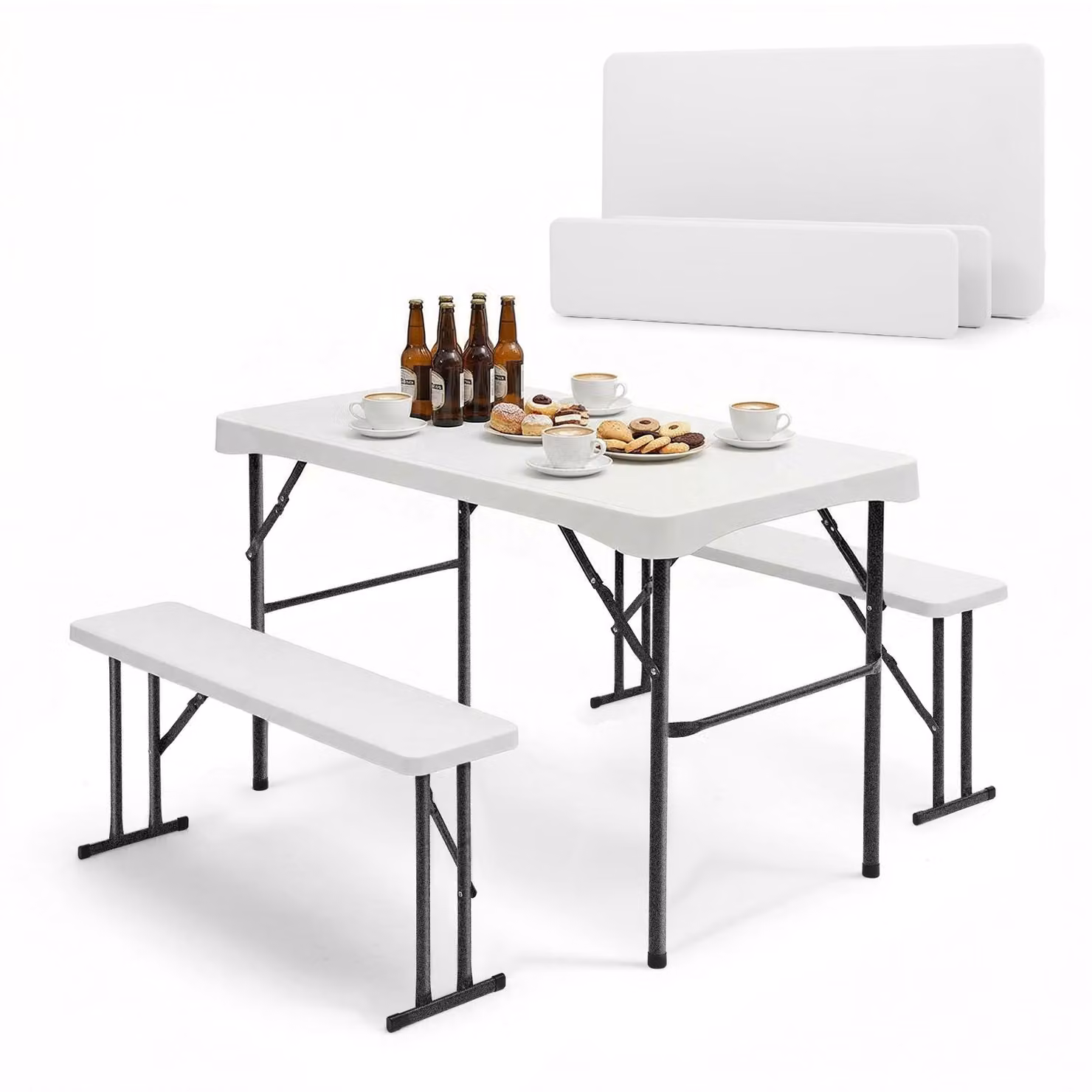 Set da birreria Sekey pieghevole, 3 pezzi: tavolo da 110 cm + 2 panche, bianco