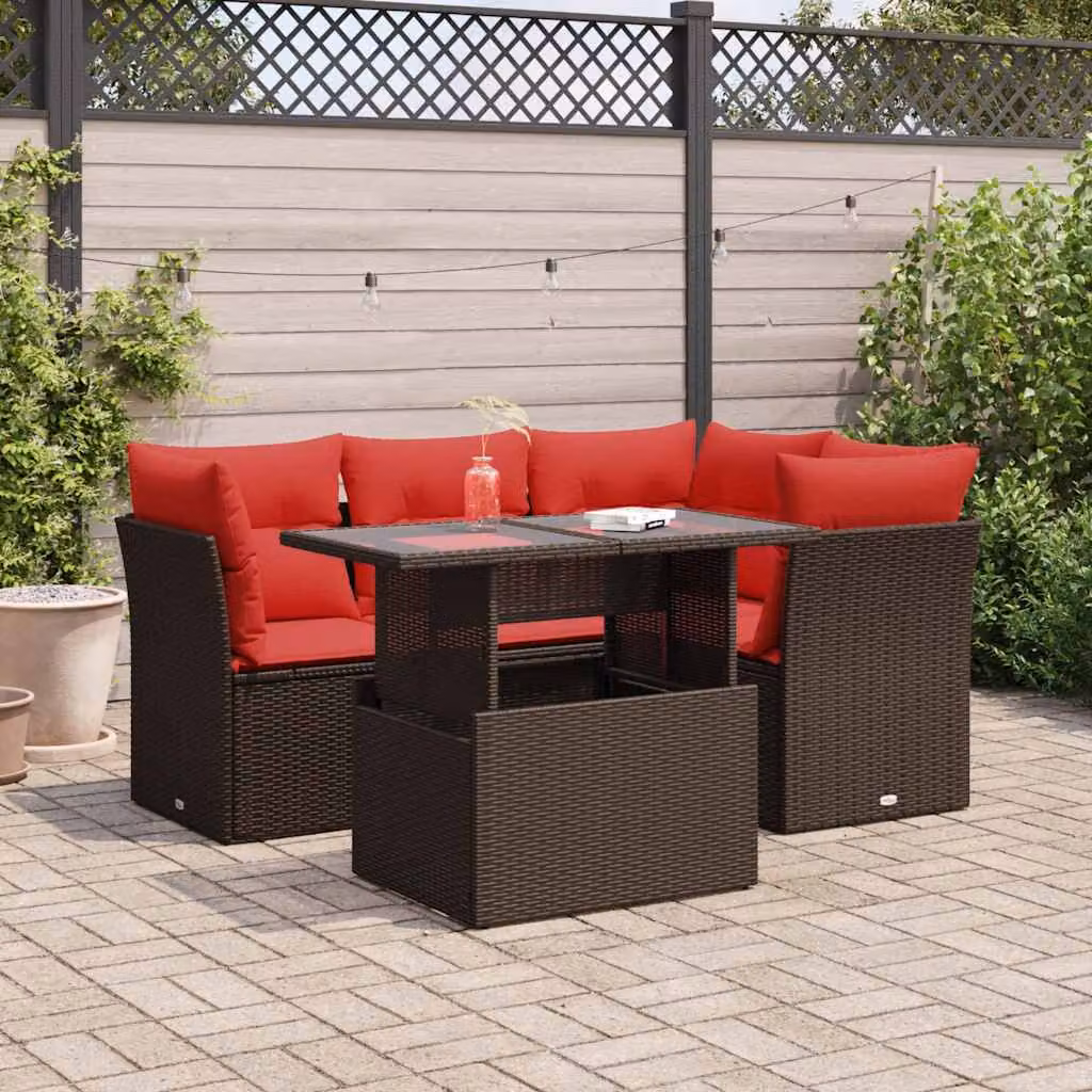 Set Divano da Giardino vidaXL a Forma di L in Polyrattan e Legno di Acacia con 5 Pezzi, Colore Marrone e Rosso, Comprensivo di Tavolino e Cuscini con Rivestimenti Rimovibili