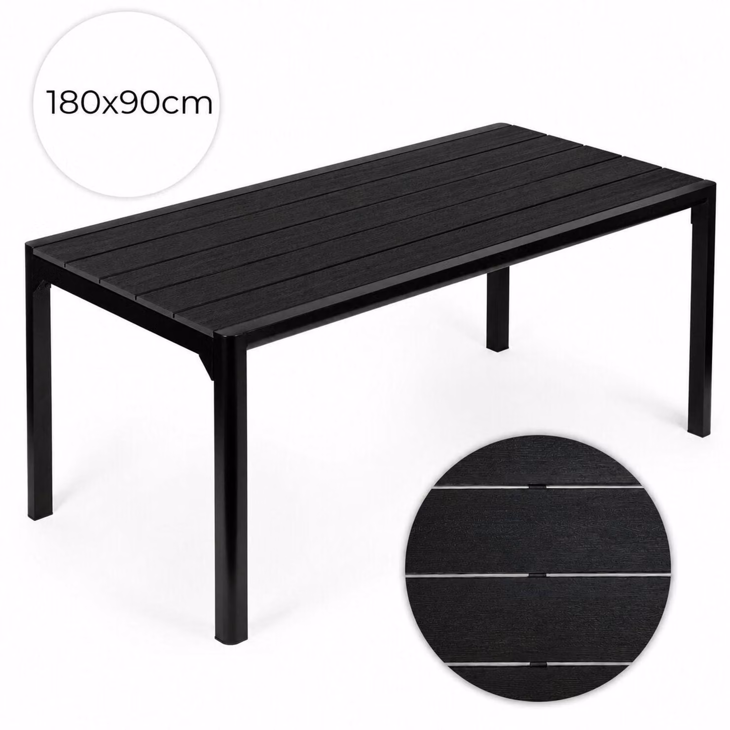 Grande tavolo da giardino nero, 8 posti, 180×90 cm