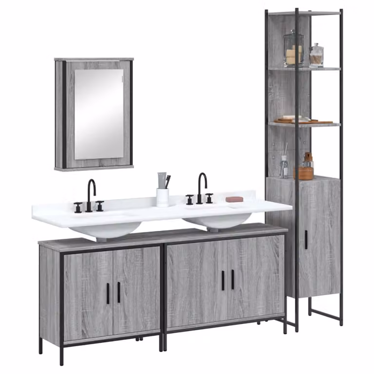 Set di mobili da bagno moderno vidaXL in legno e metallo grigio con armadietto specchio, mobile lavabo e colonna alta
