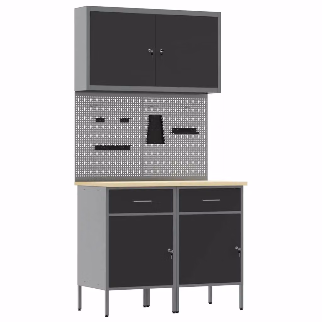 Set di mobili da lavoro vidaXL 5 pezzi in acciaio e legno ingegnerizzato nero con serratura – 2