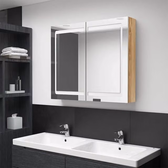 Armadietto Bagno con Specchio e LED-Mobile bagno con specchio Rovere 80x12x68 cm