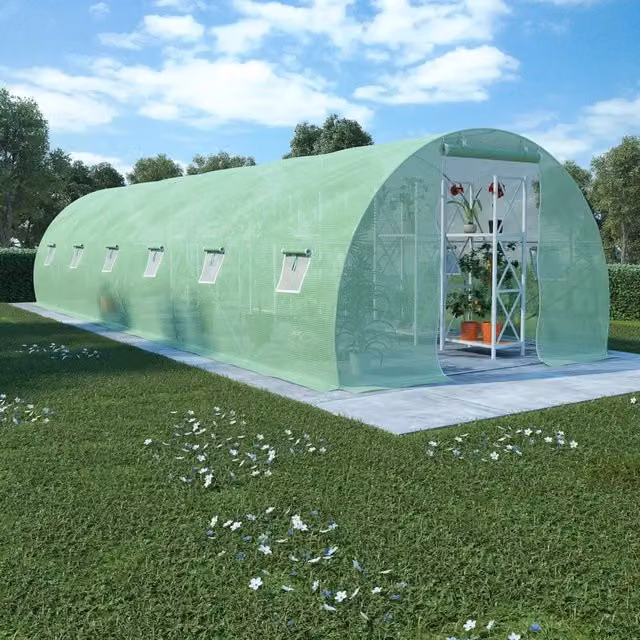 Serra vidaxl da 27 m² con struttura in acciaio zincato e copertura in plastica verde, L/P/H: 900 x 300 x 200 cm – 1