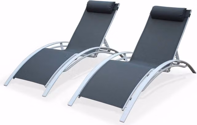 Set di 2 lettini prendisole Sweeek in alluminio verniciato e textilene grigio, multiposizione con poggiatesta regolabile – 1