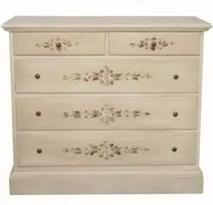 Comò 3+2 cassettoni in legno, Shabby chic colore avorio anticato decorato a mano