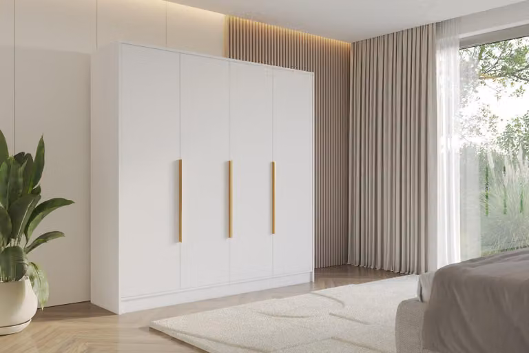 ALTDECOR Armadio PERE - 200x200x51 Bianco Armadio multiuso con moderni frontali lisci e maniglie dorate