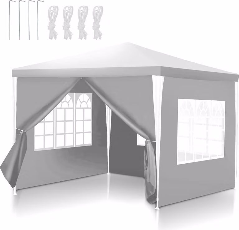 Tenda da festa Ikodm, tenda da giardino, tenda per mercati, stabile, gazebo da giardino con rivestimento in PE, protezione solare per esterni, bianca, 3 x 3 metri