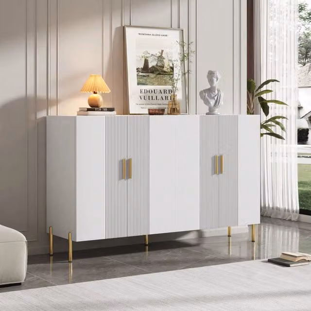 Credenza moderna WISHDOR bianca opaca con dettagli dorati L: 160 cm, P: 35 cm, H: 100 cm