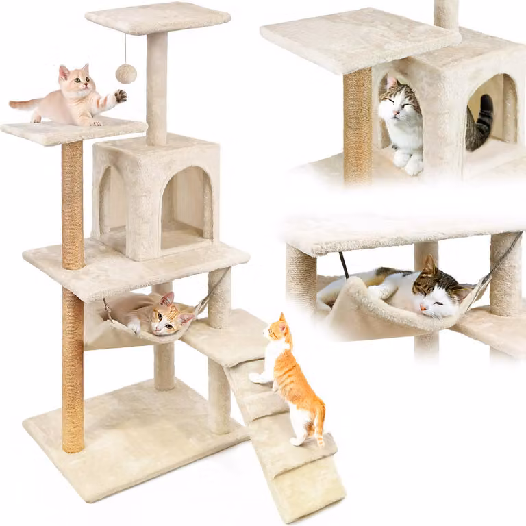 Tiragraffi per gatti, casetta con giocattoli, alto, 6 livelli, cuccia, linea Comfort, beige