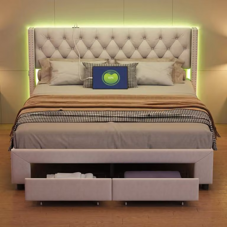 Letto borchiato ProximaX 140×190 cm - Letto imbottito in velluto con testata a LED e USB, tasche laterali - Cassetto alla pediera - Ideale per camere da letto, Beige