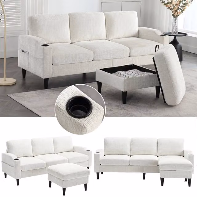 Divano modulare 4 posti con pouf contenitore portabicchieri e tasche laterali in ciniglia beige 196,5 × 75 × 77 cm