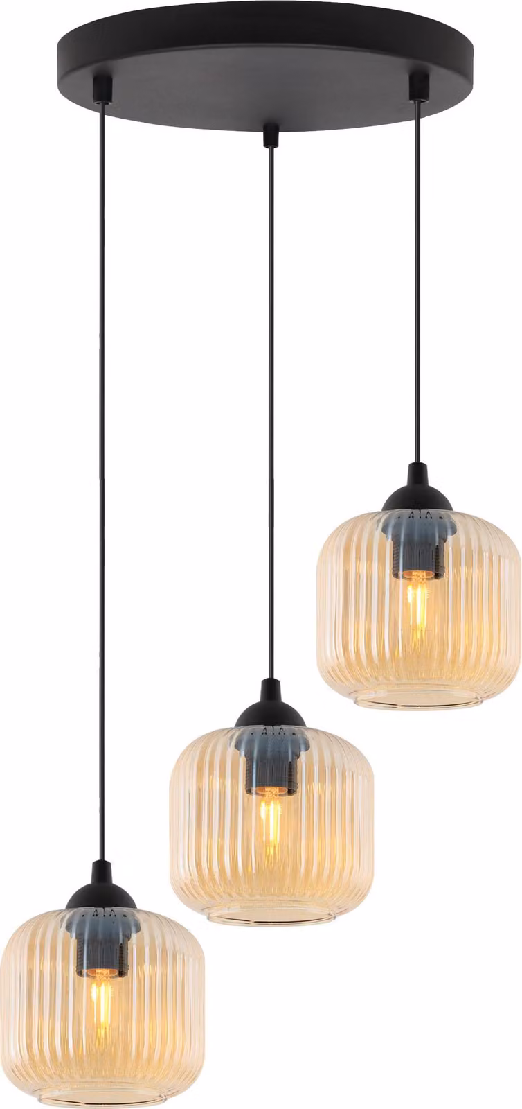Lampada a sospensione RIFFLE nera a 3 luci, cilindro in vetro color ambra, attacco E27