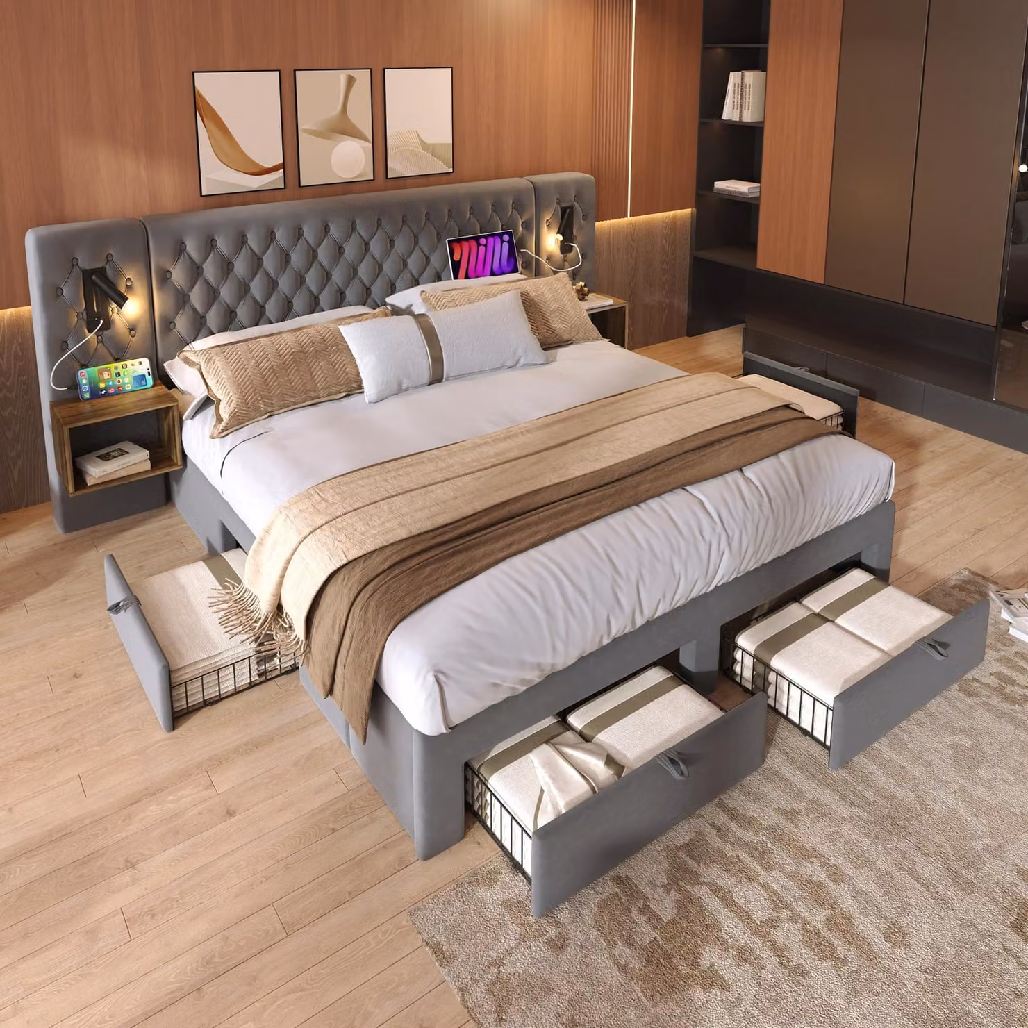 Sistema letto Sweiko Camera da letto completa, letto imbottito letto matrimoniale 160×200 cm con 2 comodini e 4 cassetti, luce di lettura sulla testata con funzione di ricarica USB, grigio, velluto (senza materasso)