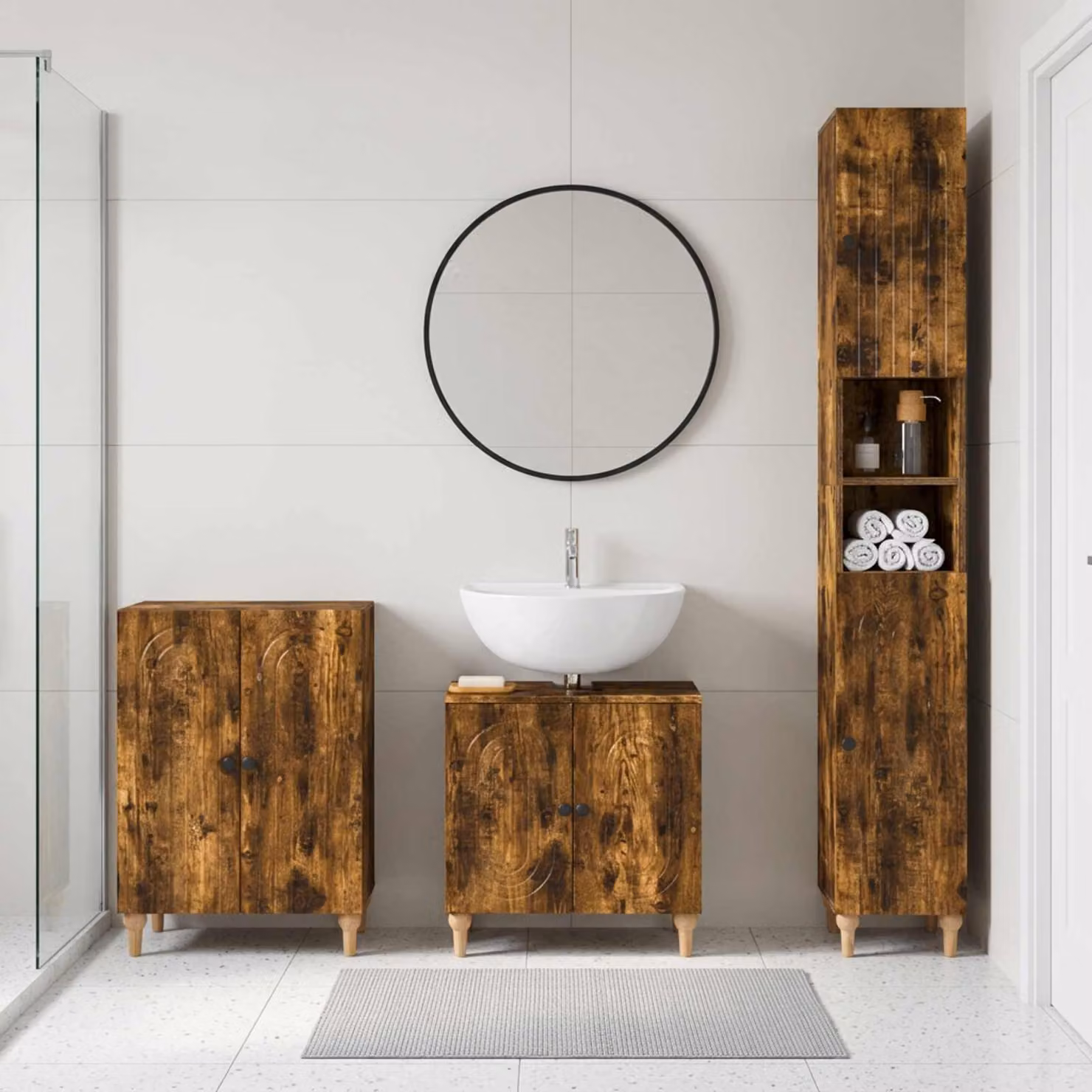 Set di armadietti da bagno moderni vidaXL ALKMAAR in 3 pezzi, Rovere Fumo Marrone Opaco