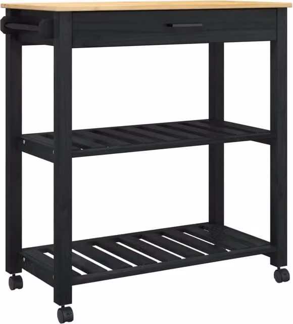 Carrello da cucina moderno MONZA nero con ripiani in legno di pino e ruote L: 84 cm, P: 40 cm, H: 88,5 cm