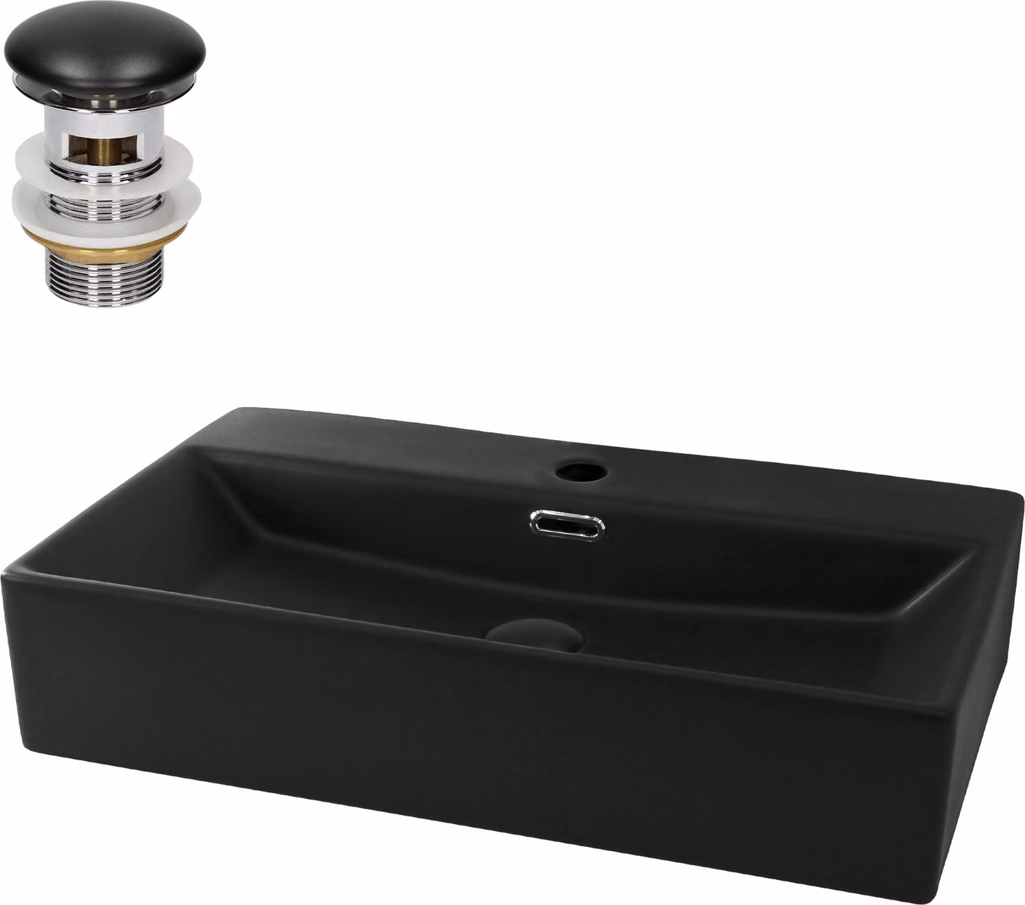 LuxeBath Lavabo da appoggio Square, 60,5x36,5x13 cm, nero, in Vetroceramica, incl. set di scarico con troppopieno