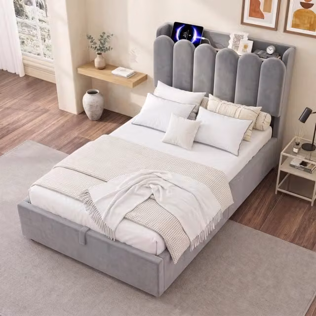 Letto singolo con contenitore idraulico Mivray in velluto grigio con porte USB Type-C e luce di lettura, L/P/H: 90 x 200 cm