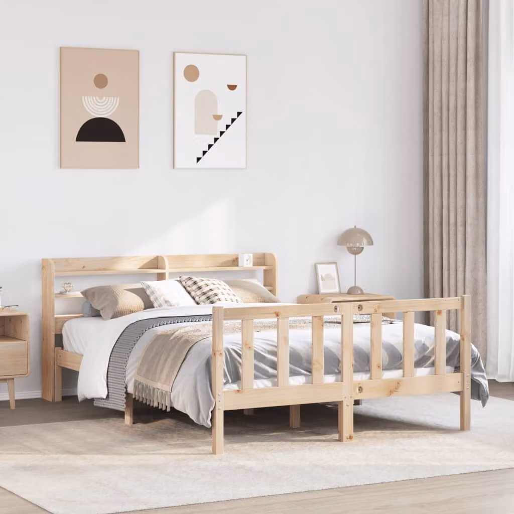Letto in legno massello di pino vidaXL con ripiani laterali, stile rustico, colore marrone, L/P/H: 200 x 160 x 82 cm – 1