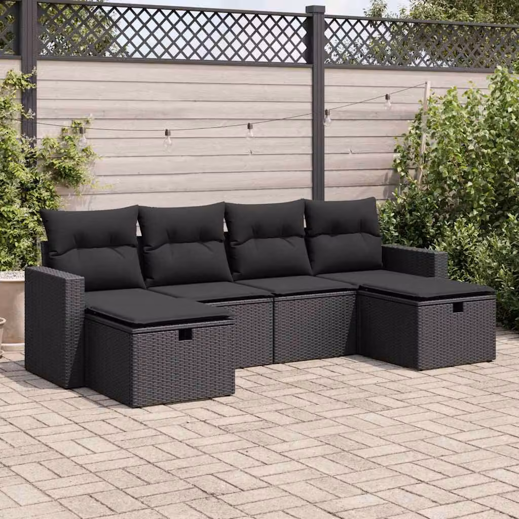 Set Divano da Giardino vidaXL 6 pz a Forma a L in Polyrattan Nero con Cuscini Imbottiti e Coperture Rimovibili