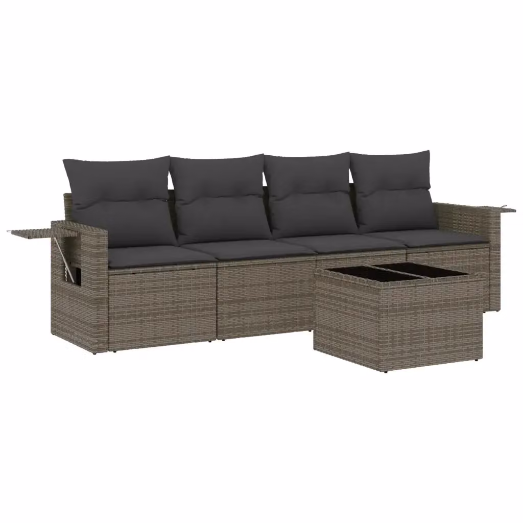 vidaXL Set Divano da Giardino 5 pz in Polyrattan Grigio con Cuscini e Tavolino – 2