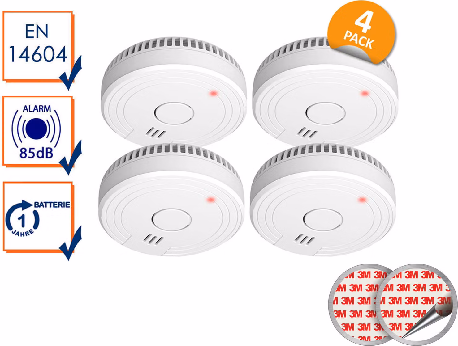 Set da 4 rilevatori ottici di fumo ELRO conformi alla norma DIN 14604, con batteria e supporto magnetico