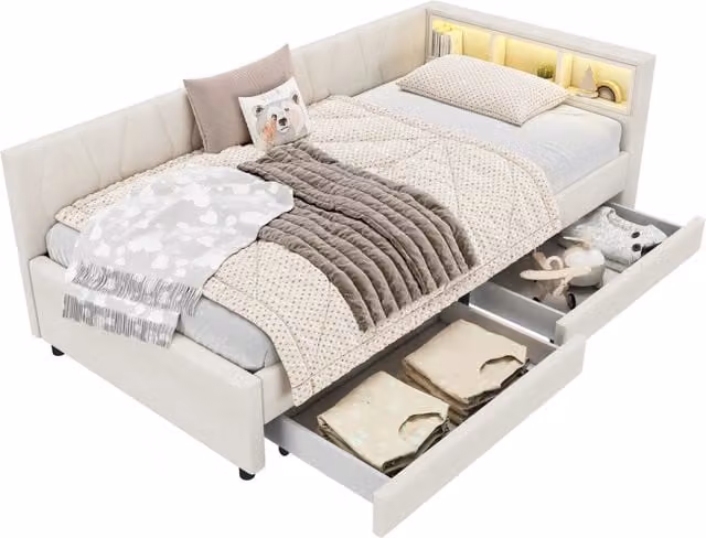 Letto Singolo a Divanetto in Lino Beige con 2 Cassetti, Illuminazione LED e Porte USB e Type-C, L/P: 90 x 200 cm