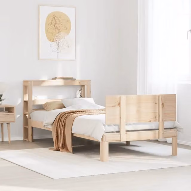 Letto con Testiera e Ripiani Integrati VIDAXL in Legno Massello di Pino Naturale Beige L: 190 cm, P: 82 cm, H: 81 cm