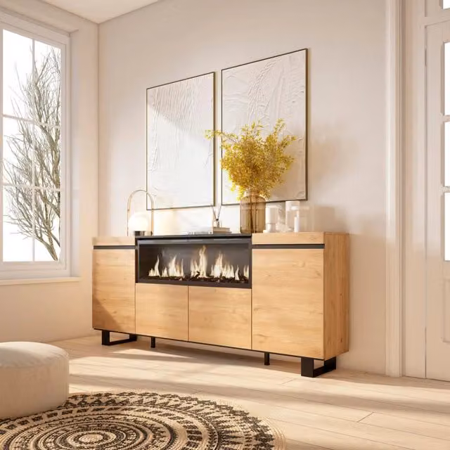 Credenza, Mobile, 208x35x87cm, 4 Porte, Camino elettrico XXL, Design industriale, colore Rovere RF3229