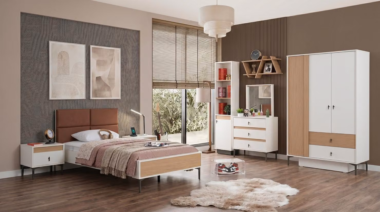 Letto, armadio, cassettiera, comodini, libreria: camera da letto moderna in stile minimalista, color bianco